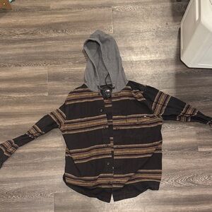Vans Men's Black and Brown Striped Cardigan with Gray Hood